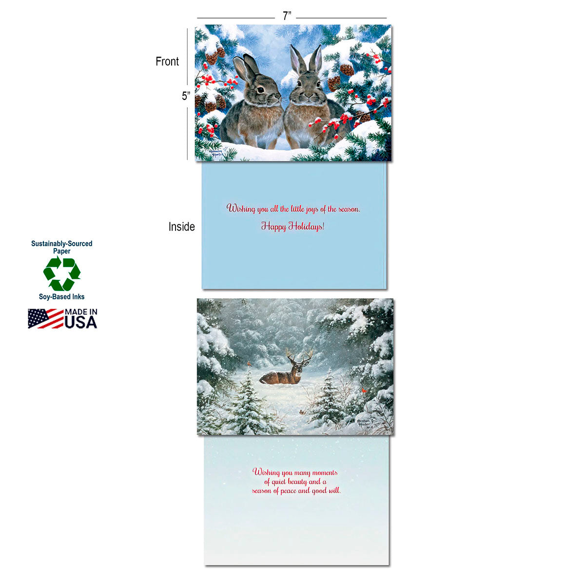 Two Leanin' Tree Christmas cards displayed open: one with two rabbits on the front and 'Happy Holidays!' inside; another with a deer in snow on the front. Features 'Sustainably-Sourced Paper', 'Soy-Based Inks', and 'Made in USA' labels.