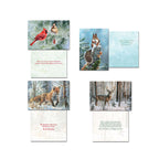 Four Leanin' Tree Christmas cards displayed open, each featuring a unique winter animal scene (cardinal, squirrel, fox, deer) and a warm holiday greeting inside the card.