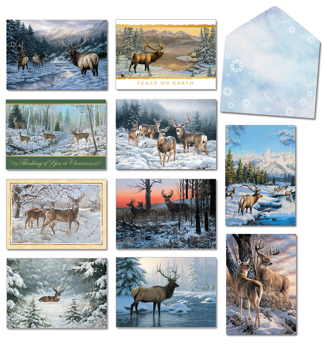 Assortment of nature-themed holiday greeting cards featuring deer and elk in snowy winter landscapes, with a decorative blue snowflake envelope.