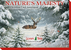 Box cover for 'Nature's Majesty Christmas Card Assortment' by Leanin' Tree, showing a majestic deer with antlers in a serene snowy forest during a snowfall.