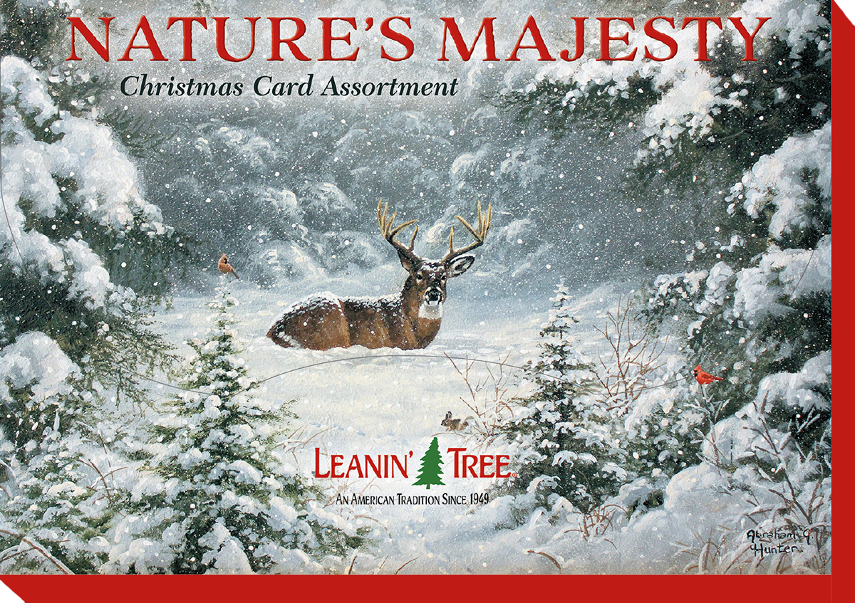 Box cover for 'Nature's Majesty Christmas Card Assortment' by Leanin' Tree, showing a majestic deer with antlers in a serene snowy forest during a snowfall.