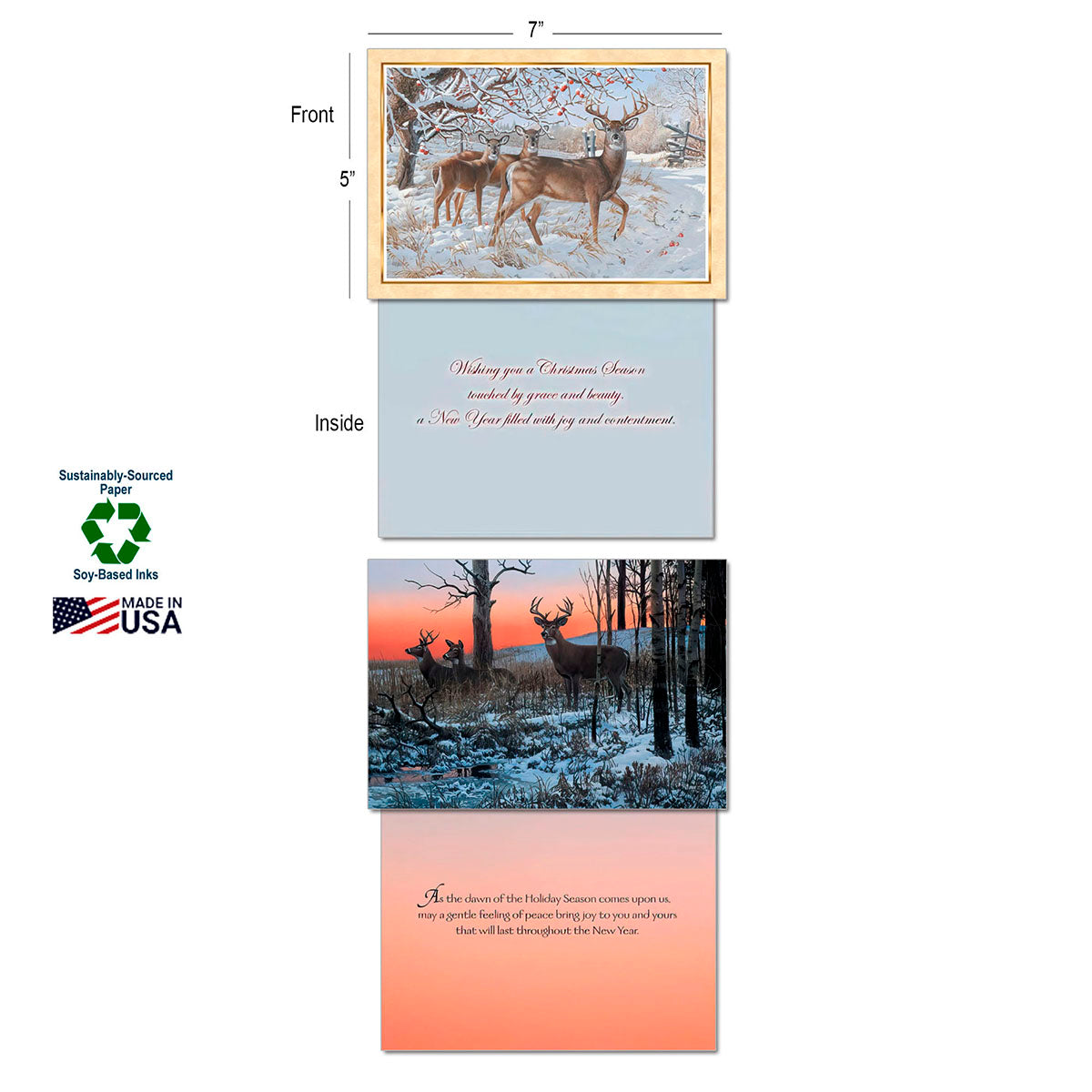 Detailed view of a greeting card showing front (deer in snow with red berries), inside message ("Wishing you a Christmas Season touched by grace..."), and product details like dimensions (7"x5"), sustainably-sourced paper, soy-based inks, and Made in USA.