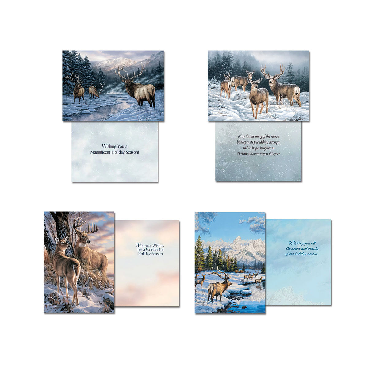 Four distinct open holiday greeting cards from the assortment, displaying front artwork of deer and elk in winter scenes and their unique interior messages.