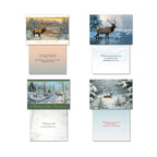 Another set of four open festive greeting cards, showcasing various serene wildlife artwork featuring deer and elk in snowy forests, along with their printed holiday wishes.