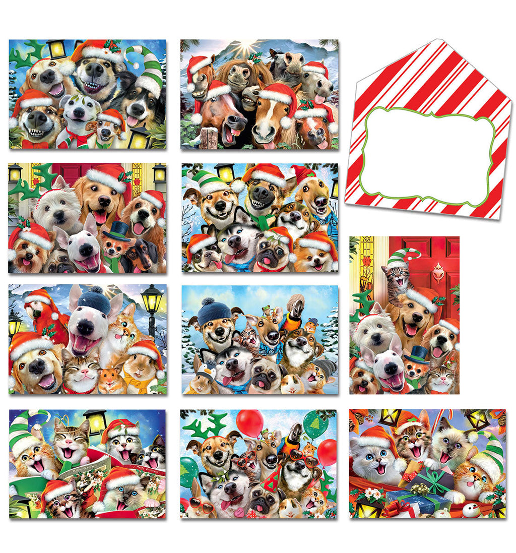 Assortment of nine cute Christmas greeting cards featuring smiling dogs, cats, and other festive animals in Santa hats, with a striped candy cane patterned envelope.
