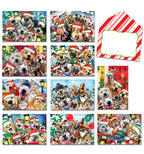 Assortment of nine cute Christmas greeting cards featuring smiling dogs, cats, and other festive animals in Santa hats, with a striped candy cane patterned envelope.