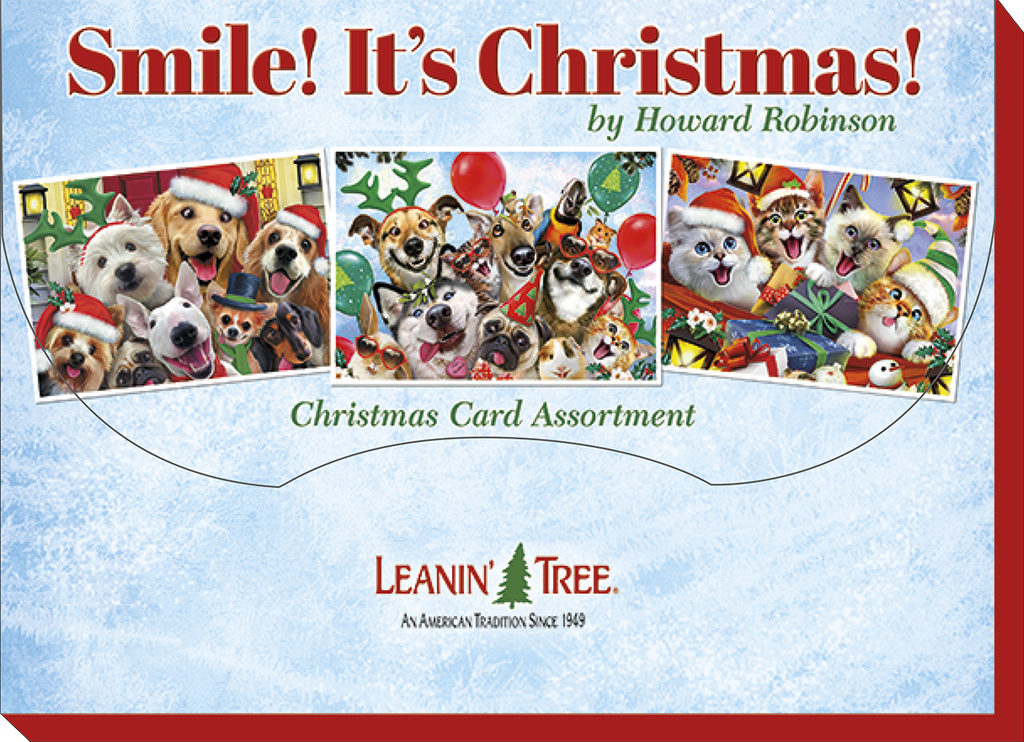 Product cover for 'Smile! It's Christmas! by Howard Robinson Christmas Card Assortment' showing three sample cards with happy animals in Santa hats, and the Leanin' Tree logo.