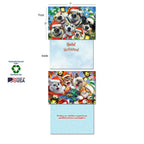 Detailed view of two 5x7 inch holiday cards: one with a group of dogs in Santa hats and another with playful cats, displaying their front and inside messages, highlighting sustainably-sourced paper, soy-based inks, and Made in USA.