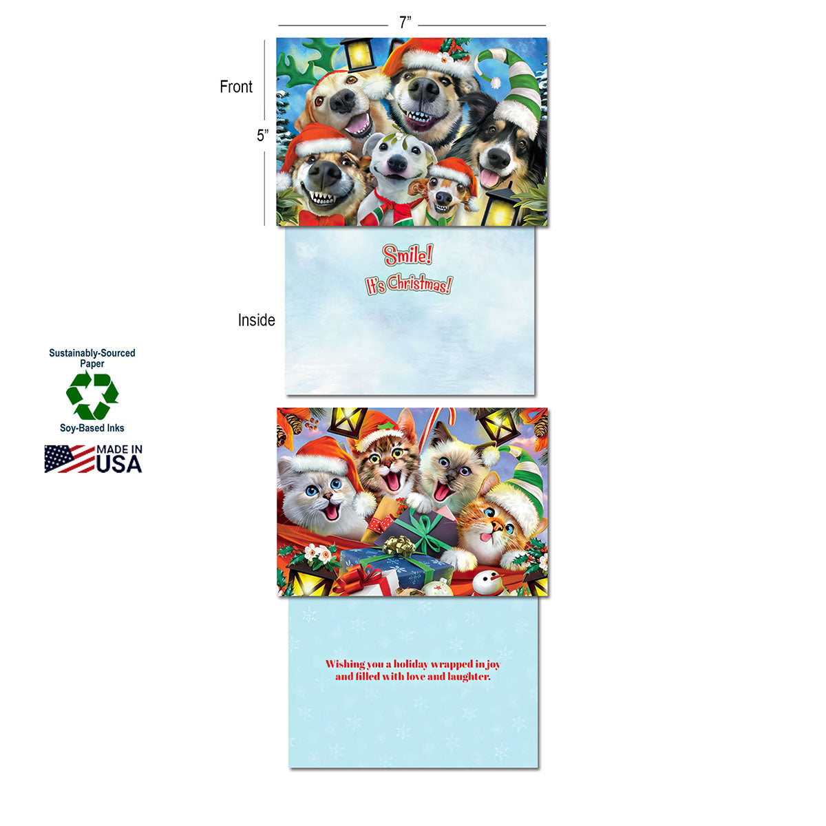 Detailed view of two 5x7 inch holiday cards: one with a group of dogs in Santa hats and another with playful cats, displaying their front and inside messages, highlighting sustainably-sourced paper, soy-based inks, and Made in USA.