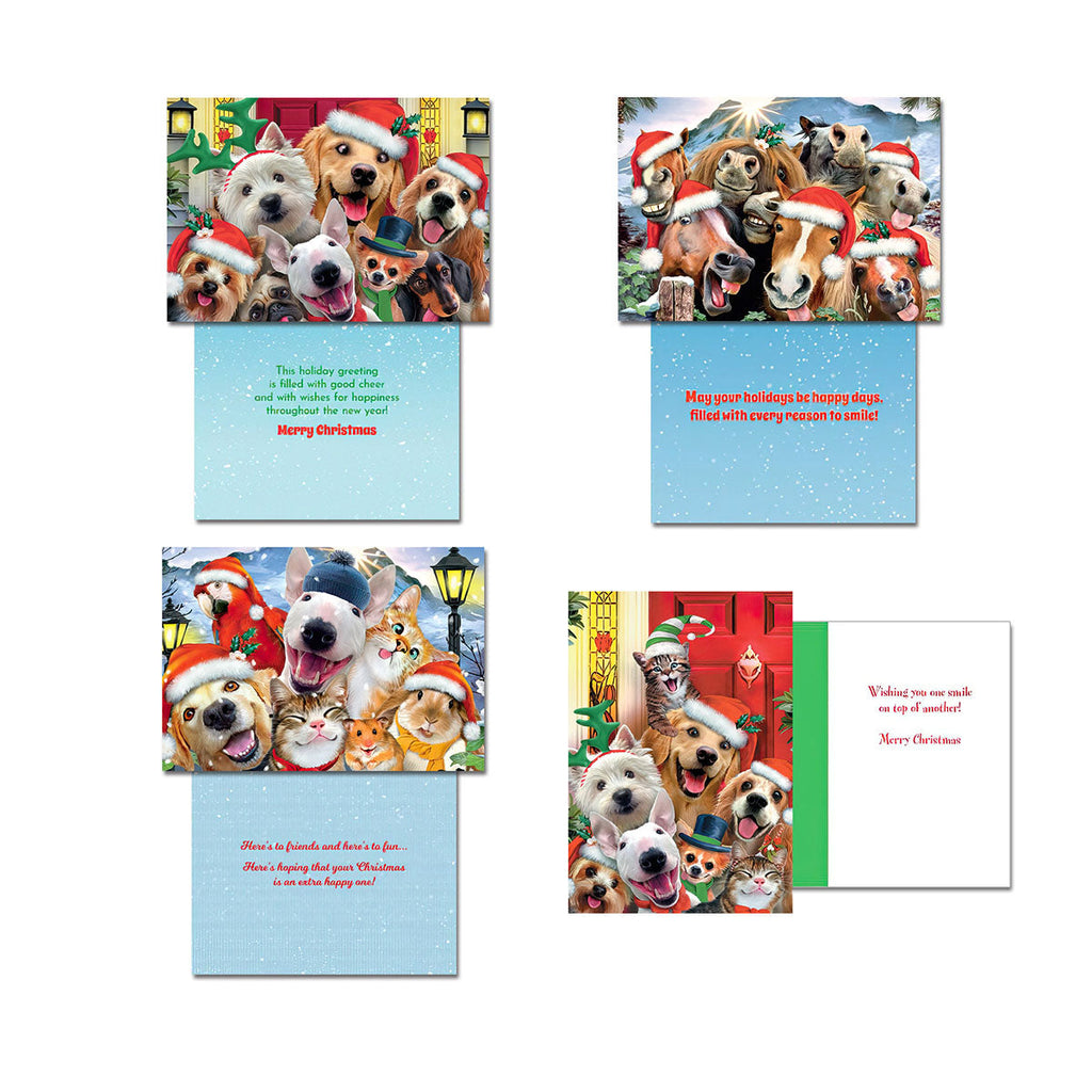 Four open Christmas greeting cards showing various festive animal designs including dogs, horses, and cats in Santa hats, displaying their unique holiday messages inside.
