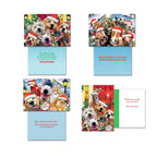 Four open Christmas greeting cards showing various festive animal designs including dogs, horses, and cats in Santa hats, displaying their unique holiday messages inside.
