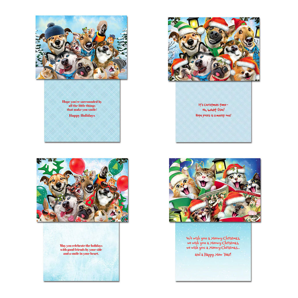 Another set of four open Christmas greeting cards featuring diverse cute animal designs like dogs and cats in winter gear or party hats, with different holiday messages inside.