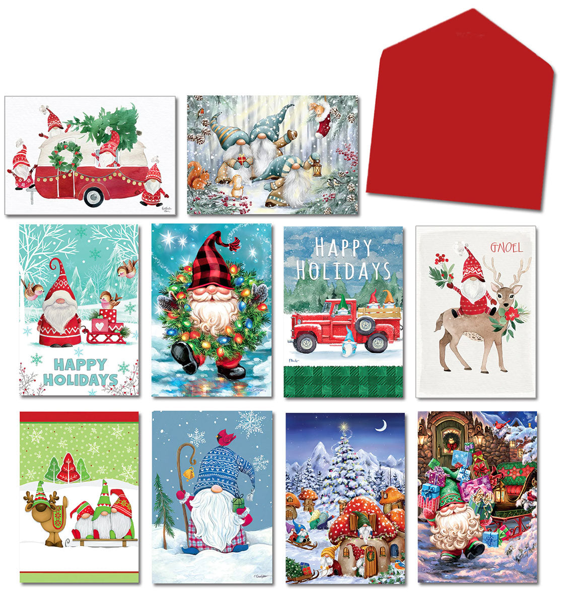 An overhead flat lay showing a variety of ten different festive gnome-themed holiday greeting cards and a single red envelope.