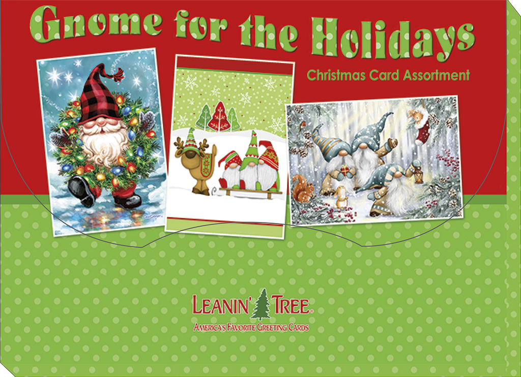 The product packaging for "Gnome for the Holidays Christmas Card Assortment" by Leanin' Tree, featuring three sample gnome card designs against a red and green polka dot background.