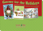 The product packaging for "Gnome for the Holidays Christmas Card Assortment" by Leanin' Tree, featuring three sample gnome card designs against a red and green polka dot background.