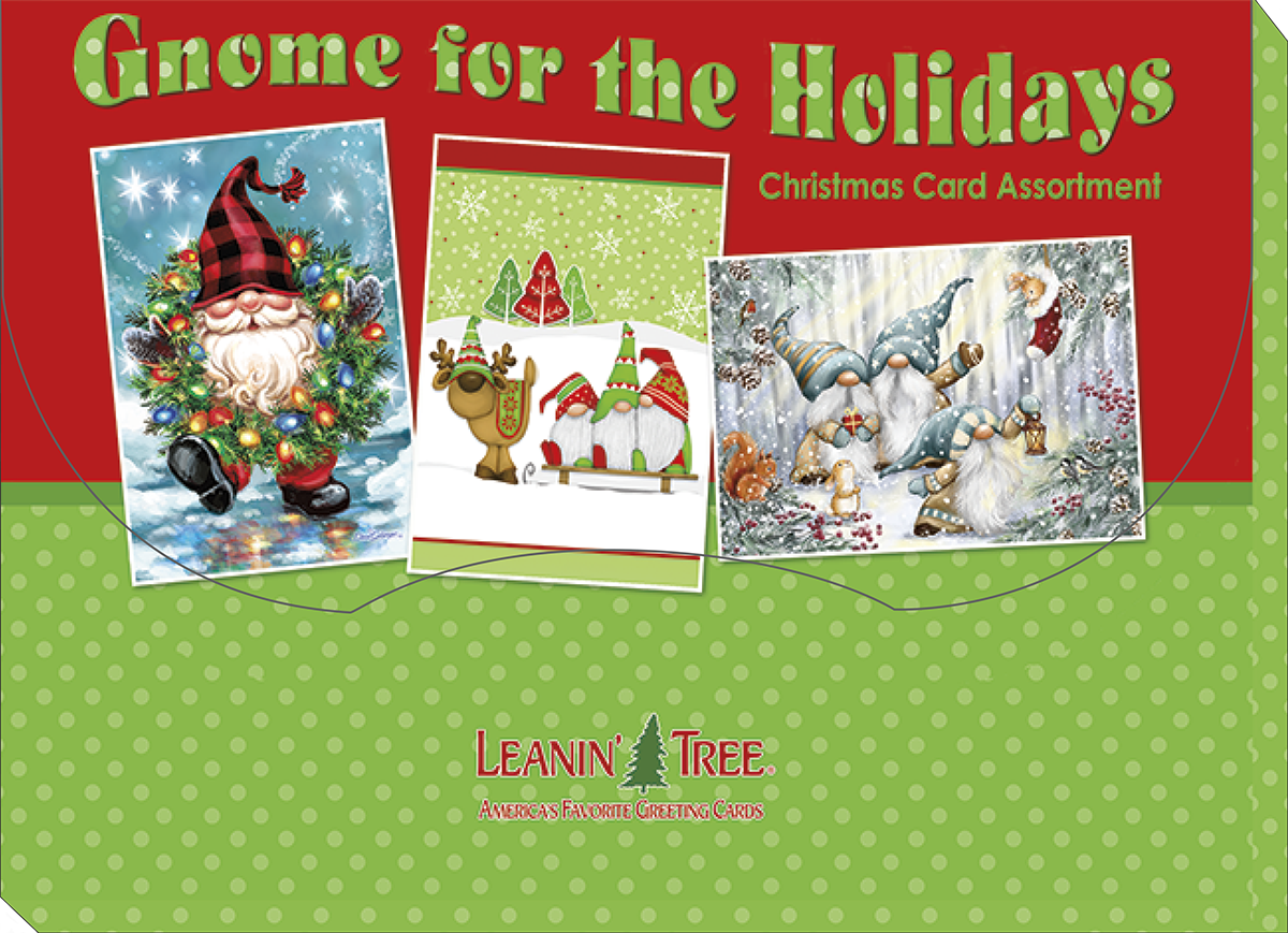 The product packaging for "Gnome for the Holidays Christmas Card Assortment" by Leanin' Tree, featuring three sample gnome card designs against a red and green polka dot background.