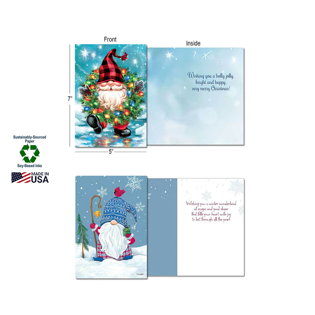 A close-up view of two gnome holiday cards, one with a gnome in a wreath, showing the front and inside messages, alongside "Sustainably-Sourced Paper," "Soy-Based Inks," and "Made in USA" labels.