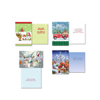 Four pairs of gnome-themed holiday greeting cards, displayed open to show their front designs and interior messages, featuring gnomes with a truck, a winter scene, and forest gnomes.