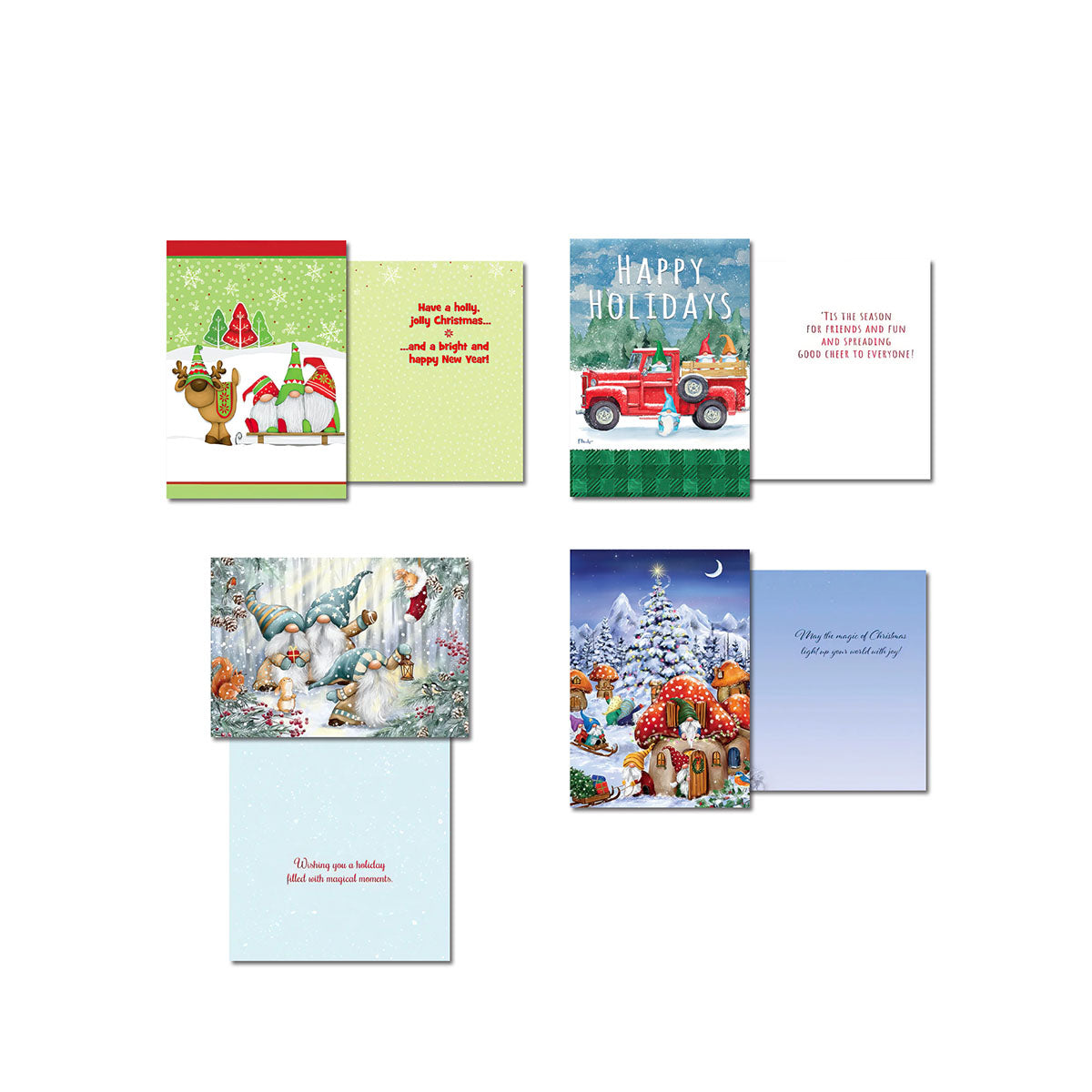 Four pairs of gnome-themed holiday greeting cards, displayed open to show their front designs and interior messages, featuring gnomes with a truck, a winter scene, and forest gnomes.