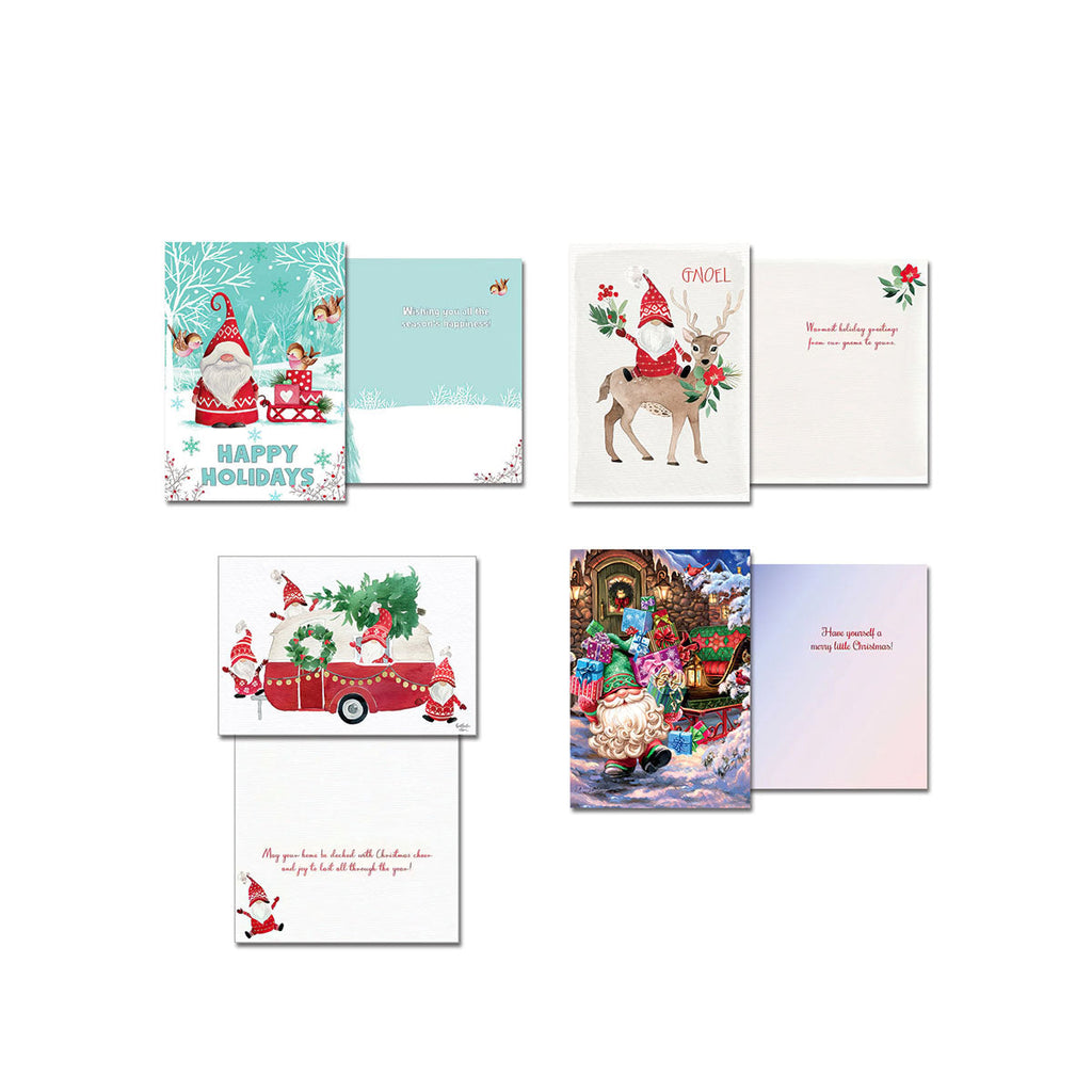 Four additional pairs of gnome-themed holiday greeting cards, shown open with front designs and interior messages, depicting gnomes with gifts, reindeer, and festive woodland settings.