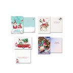 Four additional pairs of gnome-themed holiday greeting cards, shown open with front designs and interior messages, depicting gnomes with gifts, reindeer, and festive woodland settings.