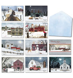Assortment of 8 country winter greeting cards featuring snow-covered barns, farmhouses, animals, and churches, with a light blue envelope for sending festive holiday wishes.
