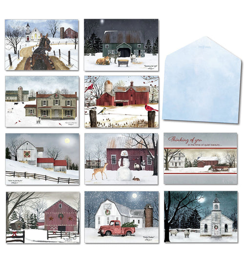 Assorted country winter greeting cards by Billy Jacobs featuring snowy farm scenes, barns, churches, animals, and a blank envelope, perfect for holiday season wishes.