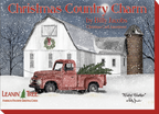 Close-up of a rustic Christmas country charm greeting card by Billy Jacobs, showing a vintage red truck with a pine tree in a snowy landscape in front of a white barn.