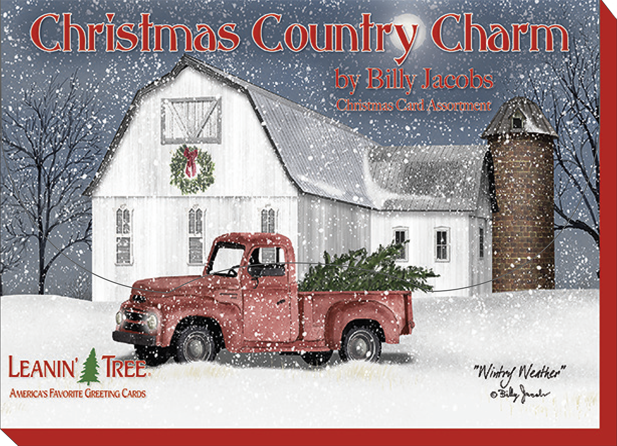 Close-up of a rustic Christmas country charm greeting card by Billy Jacobs, showing a vintage red truck with a pine tree in a snowy landscape in front of a white barn.