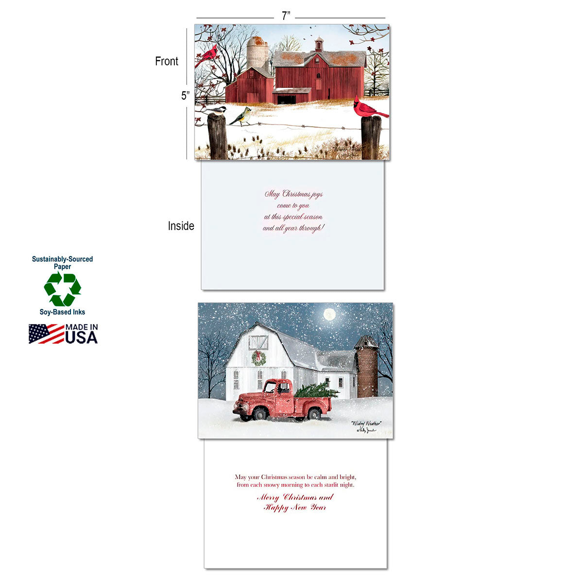 Detailed view of a country winter greeting card showcasing front and back designs (red barn with cardinals, red truck), inside messages, size (5x7 inches), and sustainability details like soy-based inks and Made in USA.