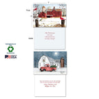 Detailed view of a country winter greeting card showcasing front and back designs (red barn with cardinals, red truck), inside messages, size (5x7 inches), and sustainability details like soy-based inks and Made in USA.