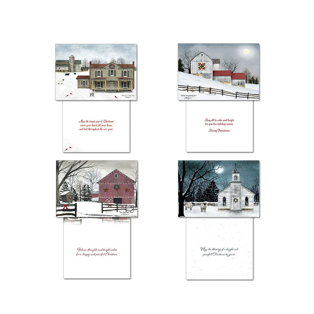 Four unique country winter greeting card designs by Billy Jacobs, displayed with their heartfelt inside messages featuring snowy houses, barns with wreaths, and churches, ideal for holiday correspondence.