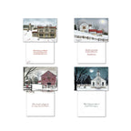 Four unique country winter greeting card designs by Billy Jacobs, displayed with their heartfelt inside messages featuring snowy houses, barns with wreaths, and churches, ideal for holiday correspondence.