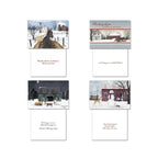 Four more distinct country winter greeting card designs by Billy Jacobs, showing a horse, a snowman with deer, and serene snowy barn scenes, along with their sincere interior messages for seasonal greetings.