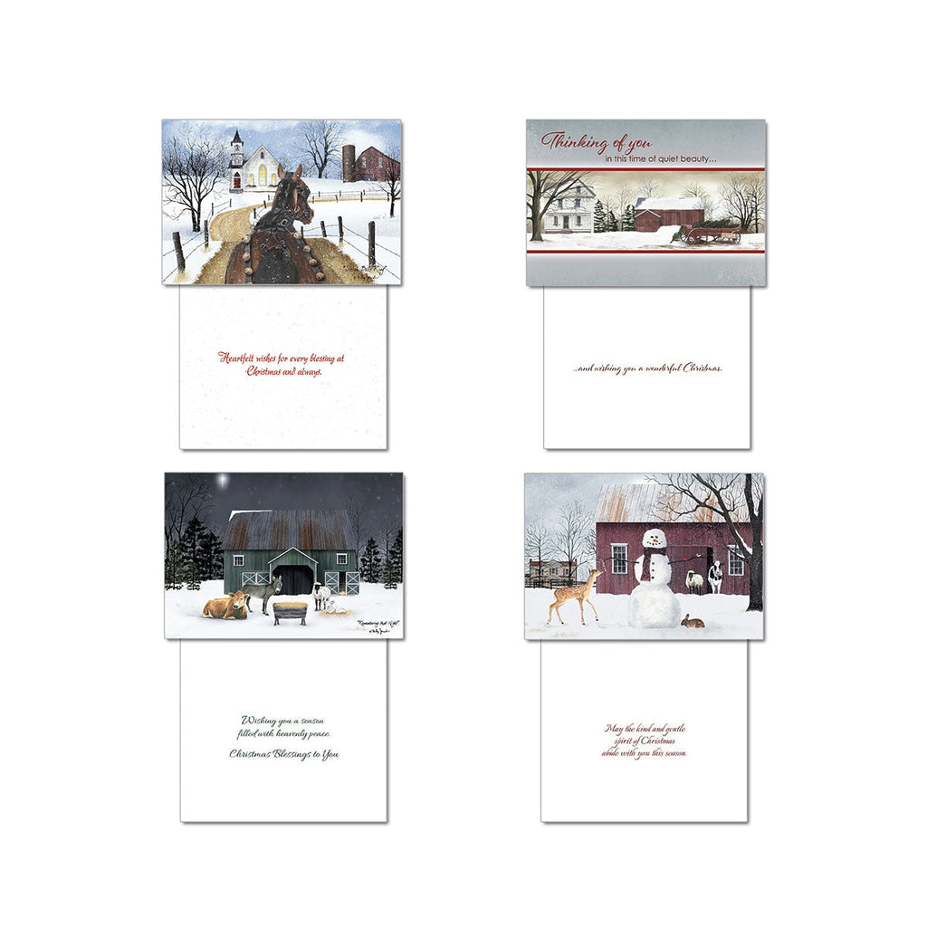 Four more distinct country winter greeting card designs by Billy Jacobs, showing a horse, a snowman with deer, and serene snowy barn scenes, along with their sincere interior messages for seasonal greetings.