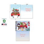 Detailed view of two folded holiday greeting cards: one features an assortment of puppies in a red pickup truck with front and inside text, along with sustainability badges. The second card shows a snowman surrounded by puppies next to a red truck.
