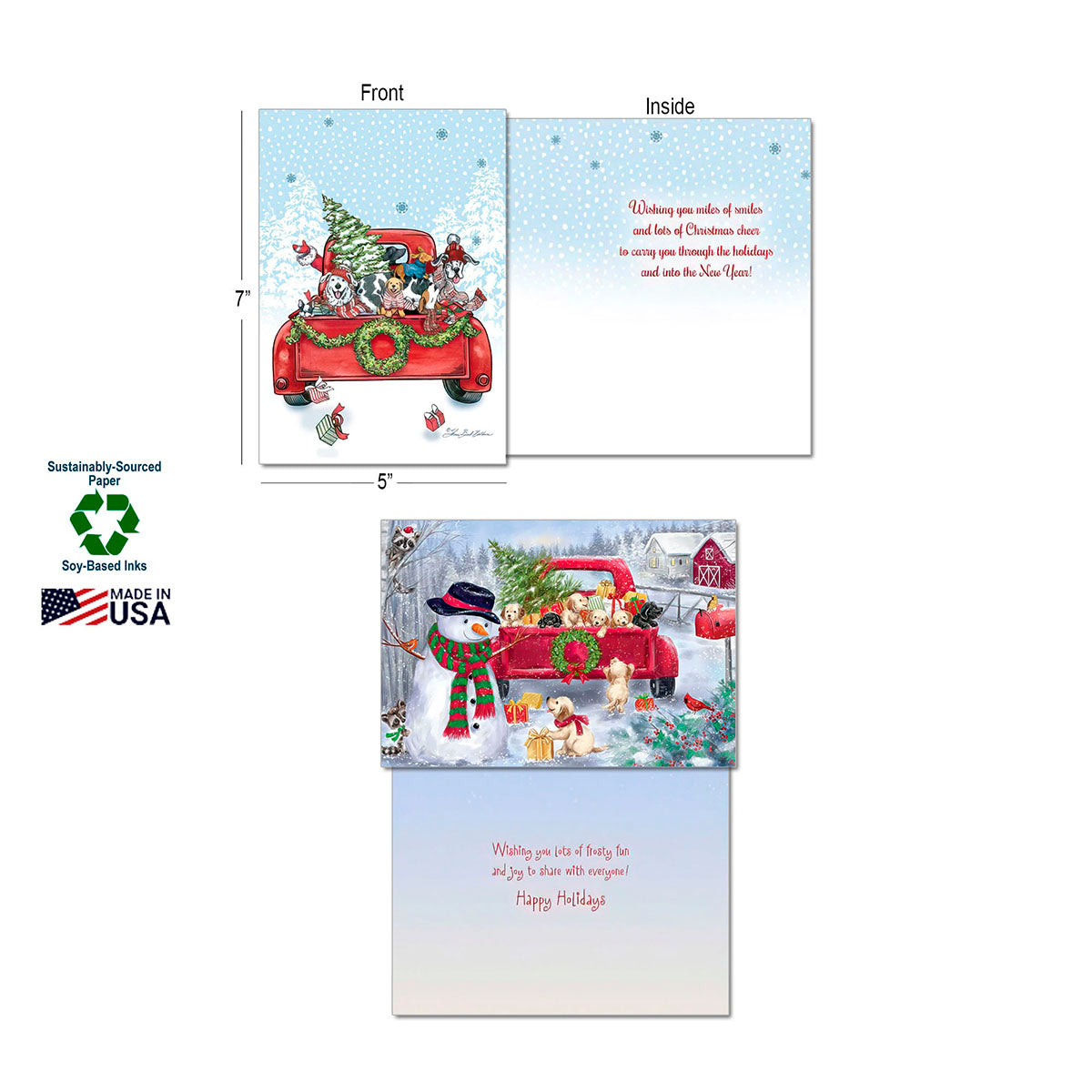 Detailed view of two folded holiday greeting cards: one features an assortment of puppies in a red pickup truck with front and inside text, along with sustainability badges. The second card shows a snowman surrounded by puppies next to a red truck.