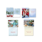 Four open Christmas cards displaying both front and inside sentiments: a red truck in a snowy 'Let it Snow' scene, Santa Claus with puppies in a red truck, a teal truck with a golden retriever, and a green truck filled with puppies and a tree.