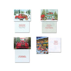 Four more open holiday greeting cards: a red truck delivering presents and puppies in the snow, a teal truck with puppies and decor, the rear view of a red truck loaded with festive dogs, and a cozy town scene with a red truck and puppies.