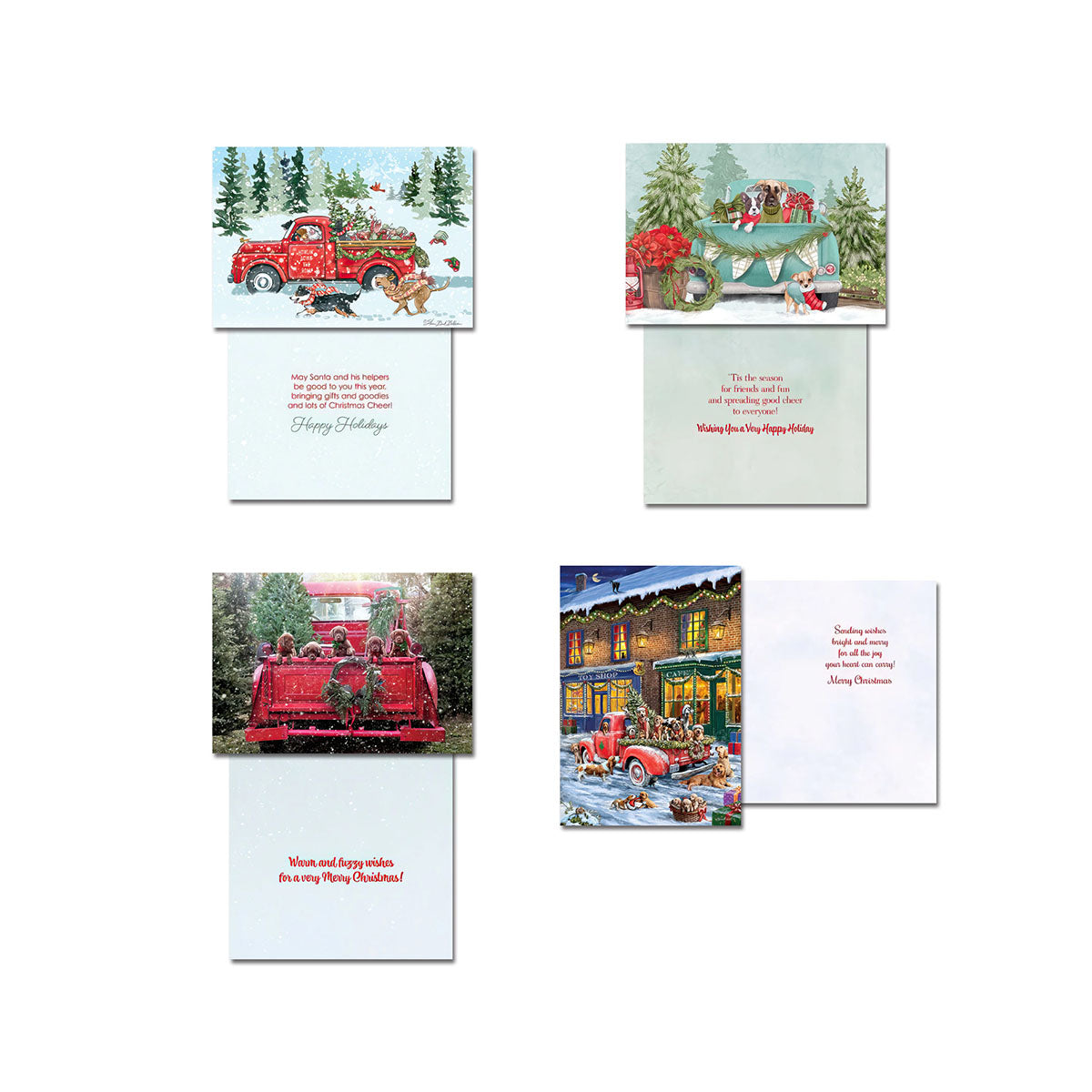 Four more open holiday greeting cards: a red truck delivering presents and puppies in the snow, a teal truck with puppies and decor, the rear view of a red truck loaded with festive dogs, and a cozy town scene with a red truck and puppies.
