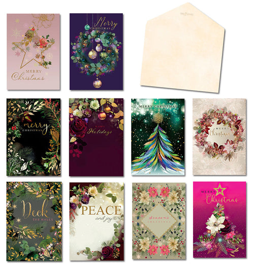 A display of ten elegant holiday greeting cards and one blank envelope. Designs feature festive wreaths, trees, and stars with botanical elements and gold foil accents.