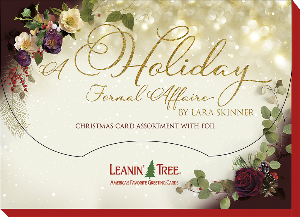 Leanin' Tree 'A Holiday Formal Affaire' Christmas card assortment box cover by Lara Skinner, showcasing sophisticated festive artwork and gold foil accents.
