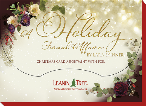 Leanin' Tree 'A Holiday Formal Affaire' Christmas card assortment box cover by Lara Skinner, showcasing sophisticated festive artwork and gold foil accents.