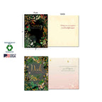Detailed view of a sustainably sourced holiday greeting card, showing front and inside with dimensions (5x7 inches), featuring soy-based inks and Made in USA quality.