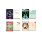 Four unique festive greeting cards from the assortment, displayed with their matching inside sentiments, featuring vibrant holiday illustrations and warm messages.