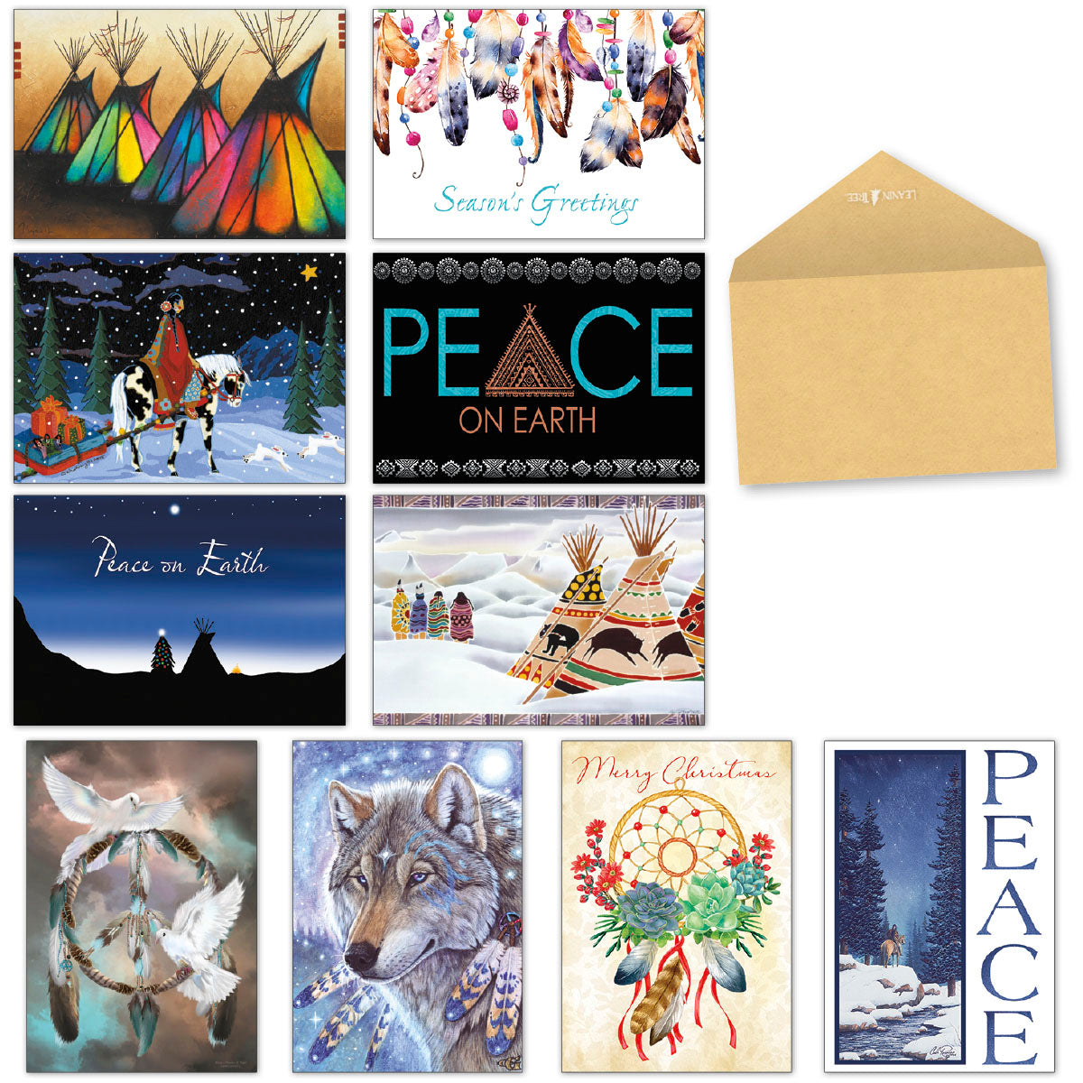 Assortment of Native American inspired holiday greeting cards featuring colorful tipis, a wolf, doves, dreamcatcher, and 'Peace on Earth' designs.