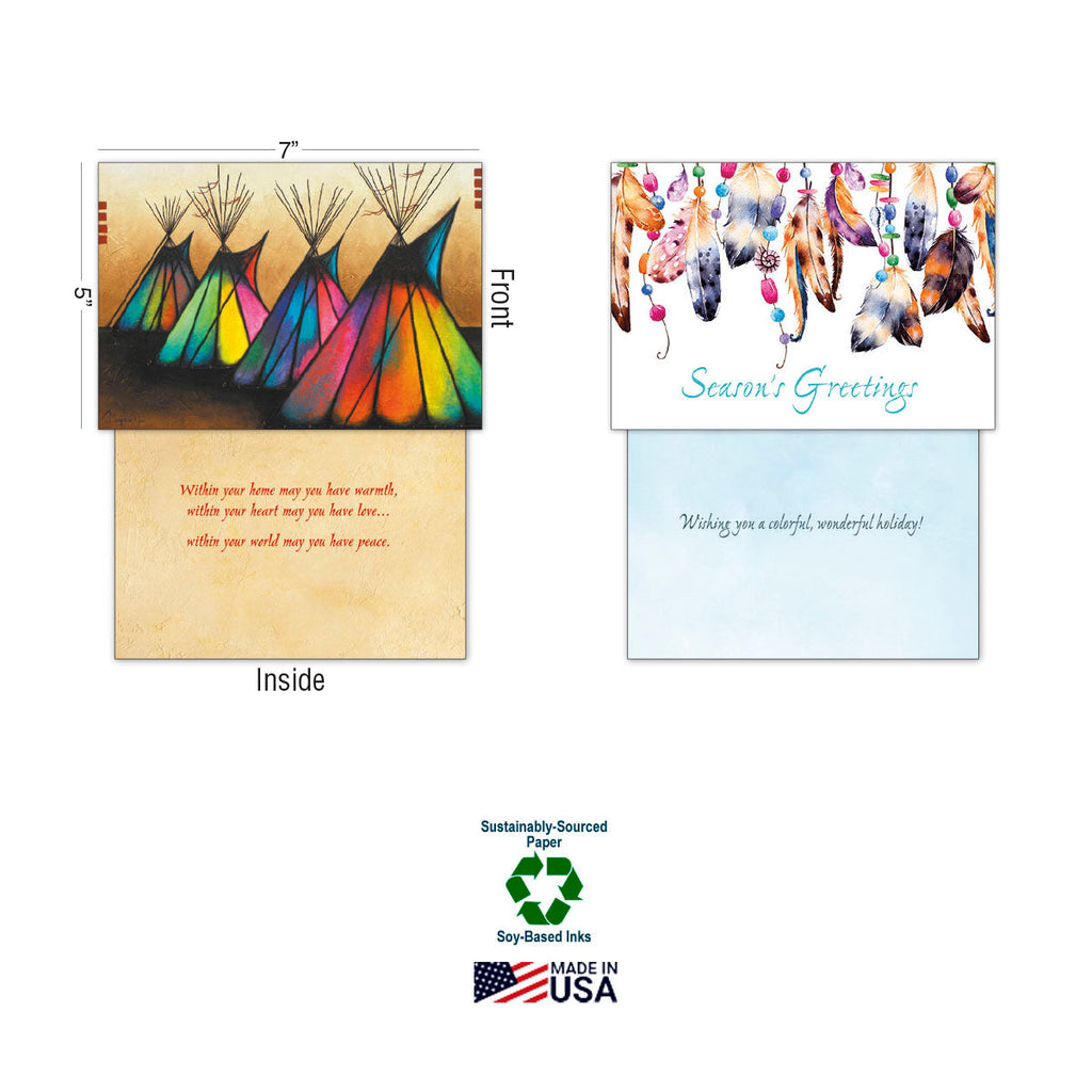 Close-up of two holiday cards: one with vibrant tipis and an inside message, another with colorful feathers and 'Season's Greetings', highlighting sustainable features.