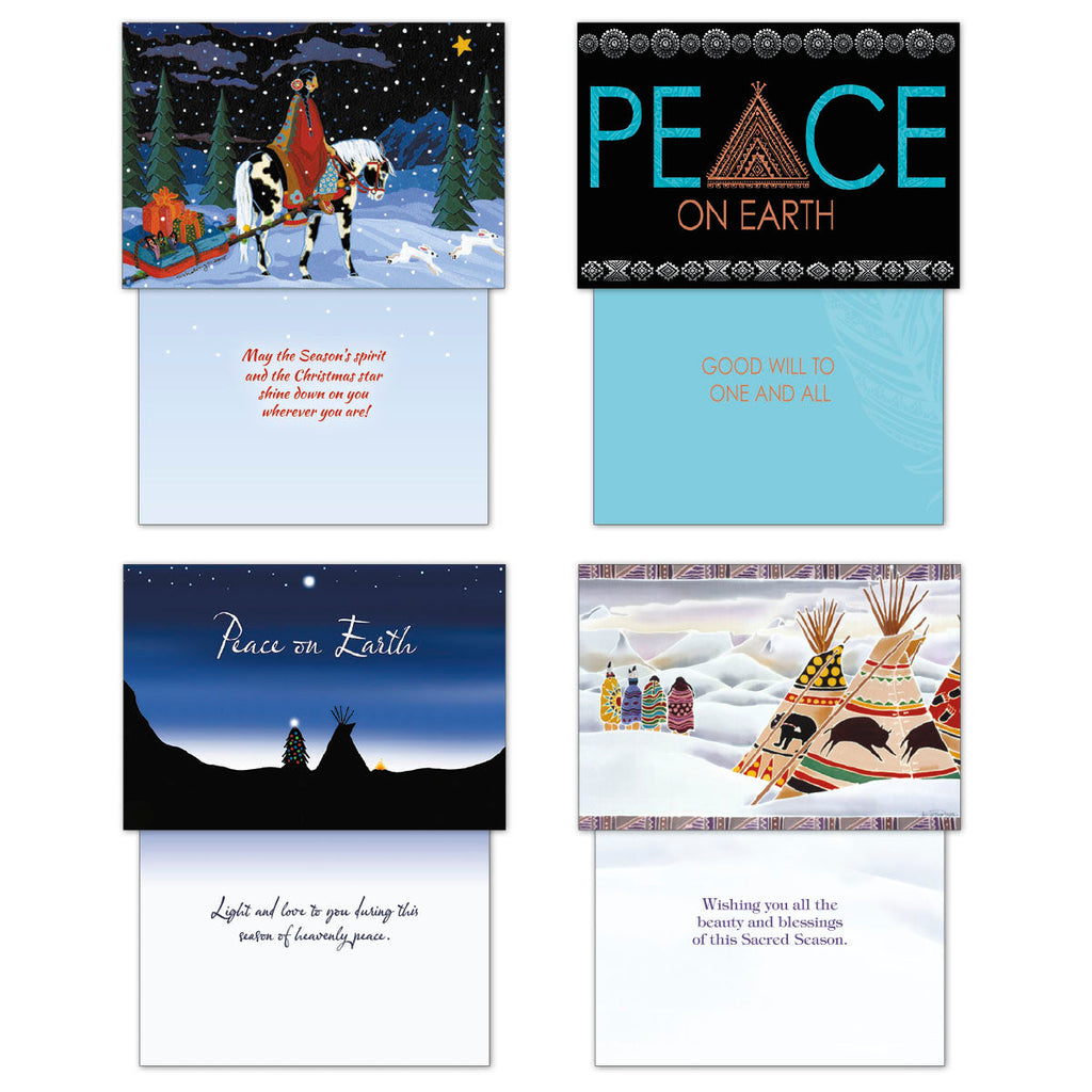 Interior messages of four 'Peace on Earth' themed holiday cards: a person on horseback, a black card with 'Good Will to One and All', a blue card, and tipis in snow.