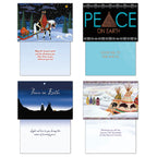 Interior messages of four 'Peace on Earth' themed holiday cards: a person on horseback, a black card with 'Good Will to One and All', a blue card, and tipis in snow.