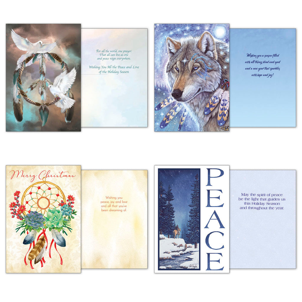 Interior messages of four diverse holiday cards: doves with a peace symbol, a majestic wolf, a festive dreamcatcher, and a serene snowy forest scene.